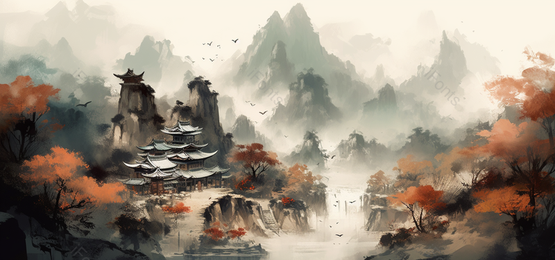 山谷村落房子中国风意境水墨画背景,插画/手绘图,插画/手绘图库,插画/手绘图下载,插画/手绘